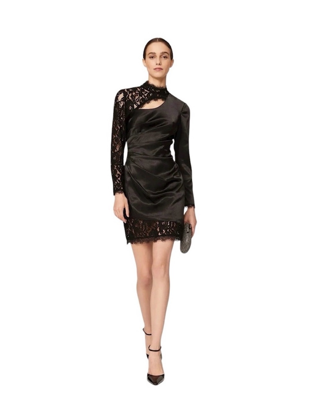 Designer Black Satin Lace Mini Dress AIDAN MATTOX New Year’s Party Dress Sz 4